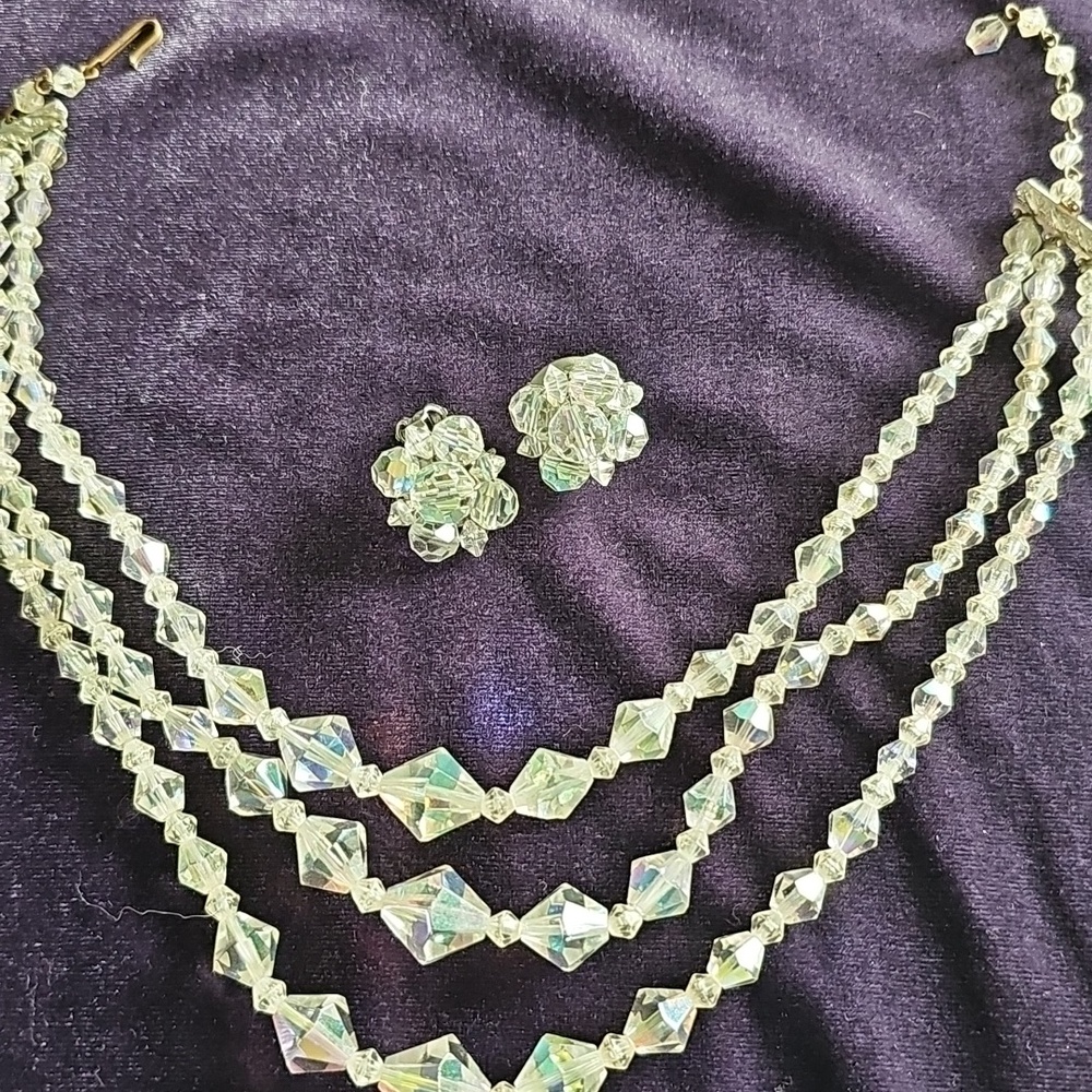 Crystal Strand Necklace Earrings Vintage 50s Deltah Aurora Borealis Choker